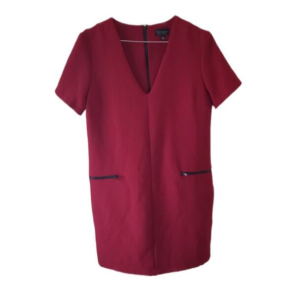 Topshop Women's Burgundy Short Sleeve Dress with Side Zip Pockets - Picture 1 of 4